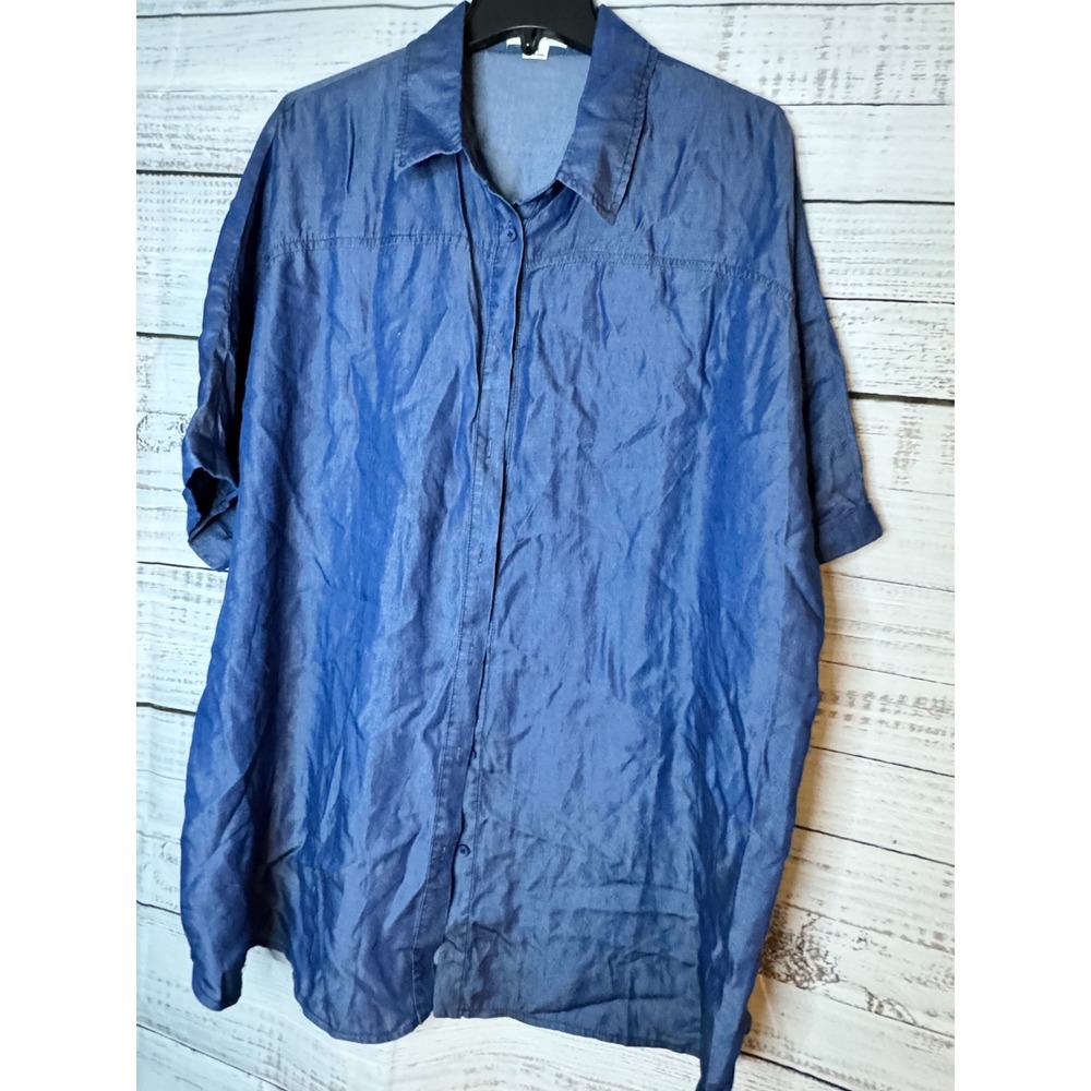 Chic Soul Womens 3X Blue Tencel Short Sleeve Button Down Shirt Blouse